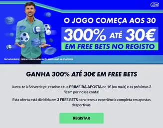 Ganha 300% até 30€ em Free Bets na tua primeira aposta com Solverde.pt. Promoção Solverde.pt com oferta de 300% até 30€ em free bets após o registo e a primeira aposta de 1€.